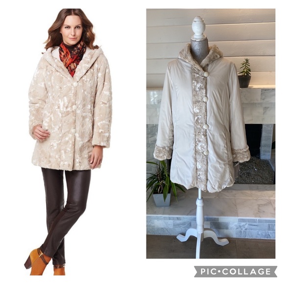 Hal Rubenstein Jackets & Blazers - Hal Rubenstein Lorena Reversible Faux Fur Hooded Sand Coat Size Large NWT